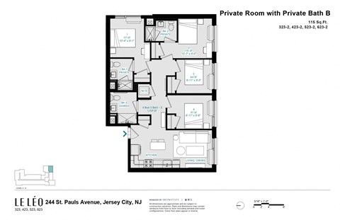 Floor plan for 1 bed, 1 bath, 117 sqft
